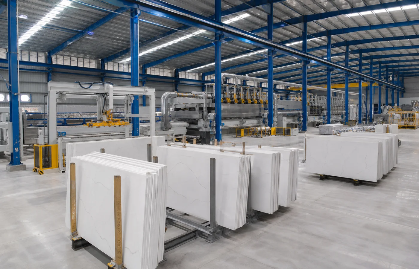 Engineered quartz slab production facility